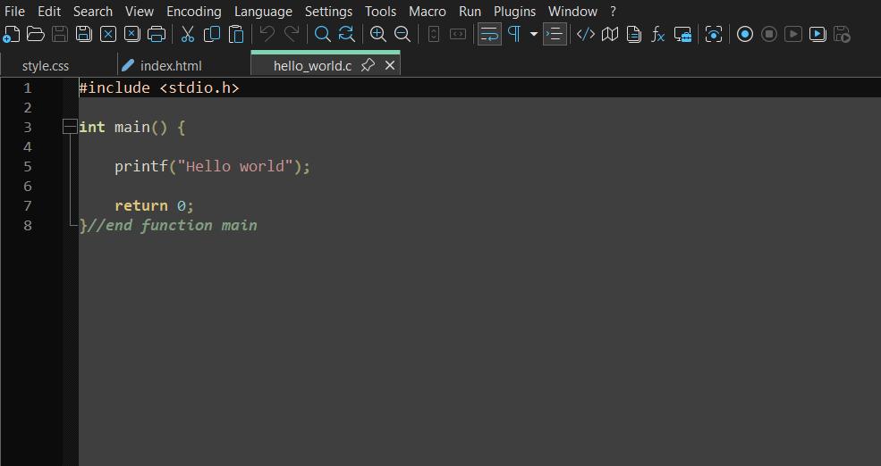 My 'Hello World' program, written in C within Notepad++.